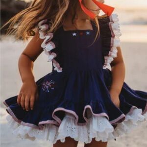 Love and Grow 4th July  Girls Navy Ruffle Pinafore Skirt with Red & White Trim
